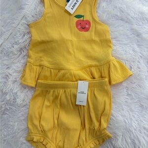 Yellow Ribbed Tank & Bloomer Set with Smiling Apple Graphic